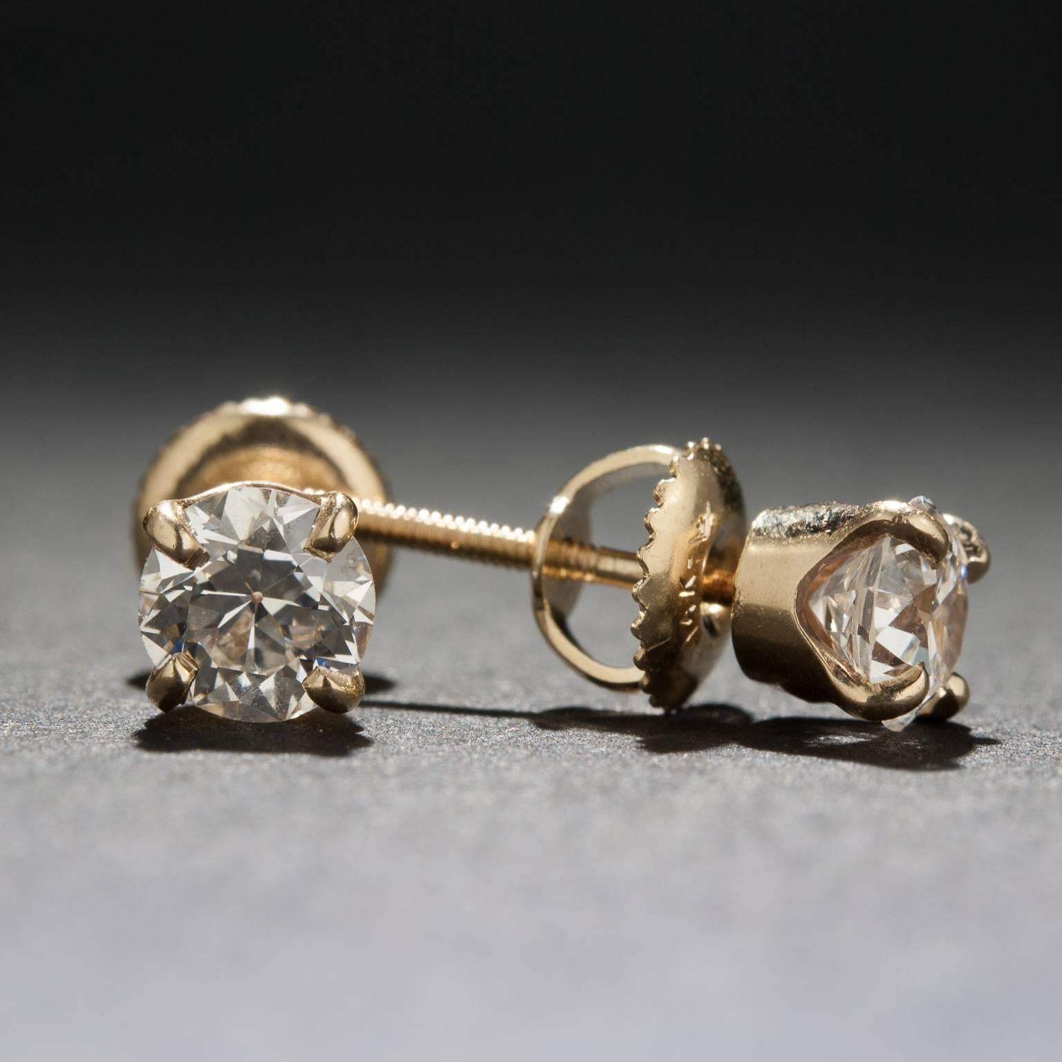 Art Deco Old European Cut Diamond Gold Stud Earrings