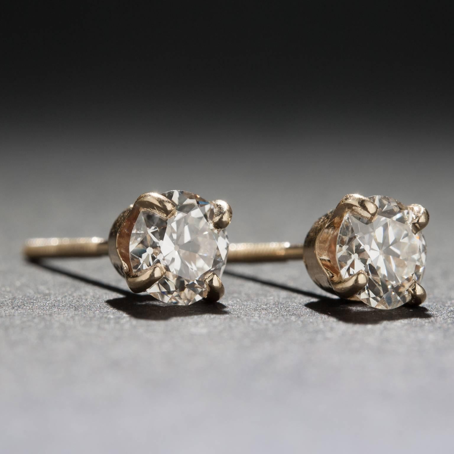 Old European Cut Diamond Gold Stud Earrings In Good Condition In Carmel, CA