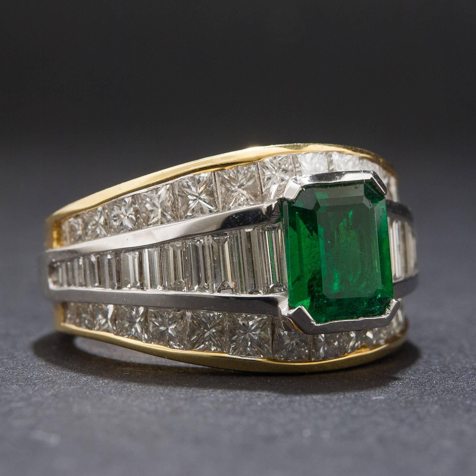 Contemporary Emerald Diamond Gold Platinum Ring For Sale