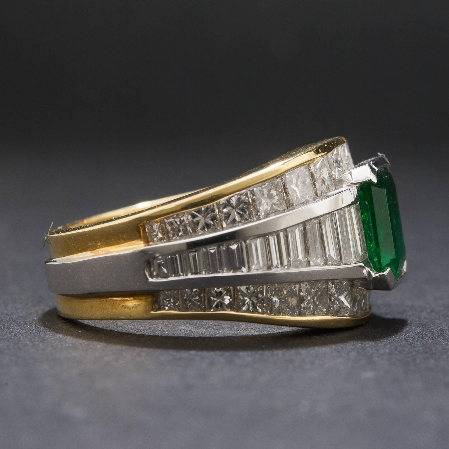 Emerald Diamond Gold Platinum Ring In Excellent Condition For Sale In Carmel, CA