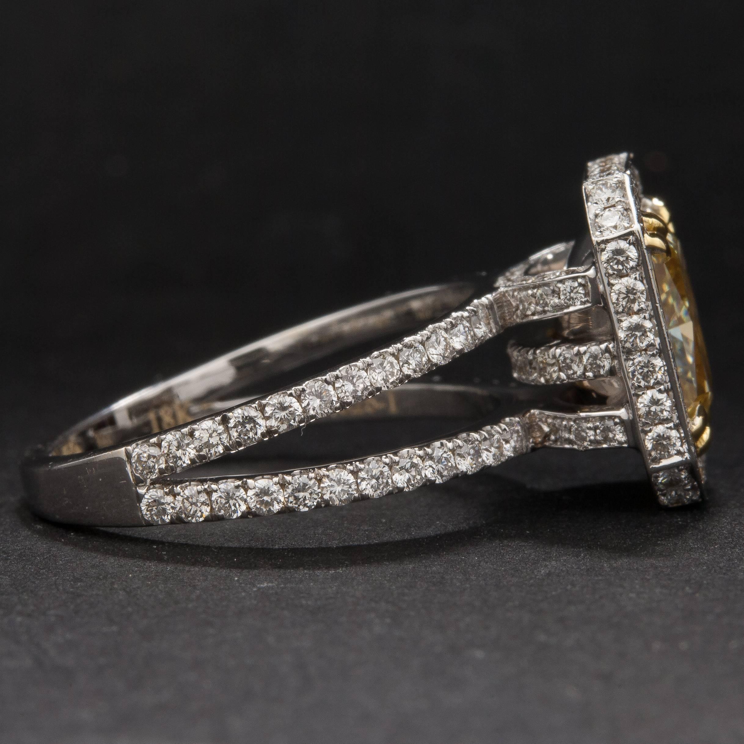 2.02ct Fancy Yellow Diamond Split-Shank Ring In New Condition For Sale In Carmel, CA