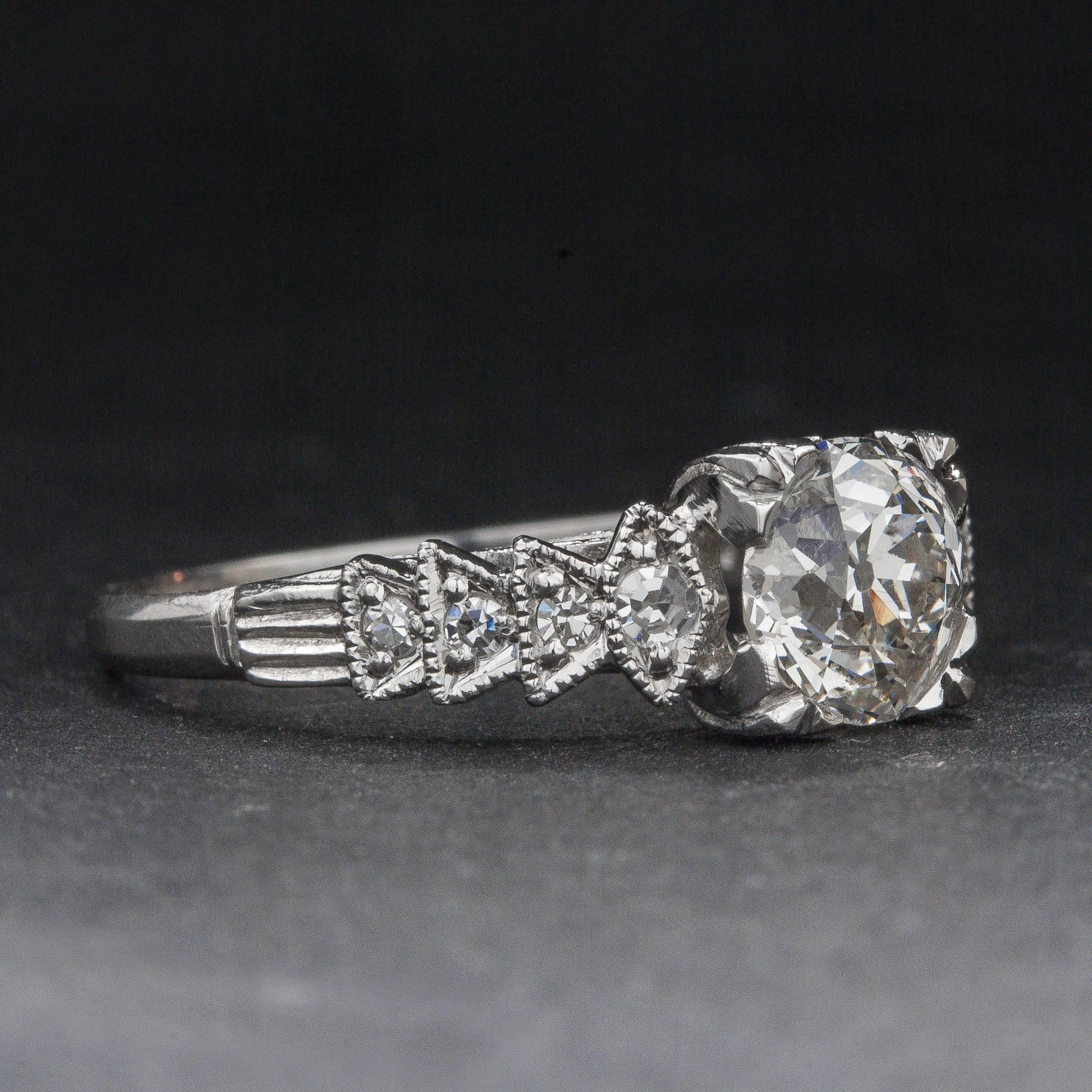 Art Deco .93 Carat Old European Cut Diamond Platinum Ring For Sale