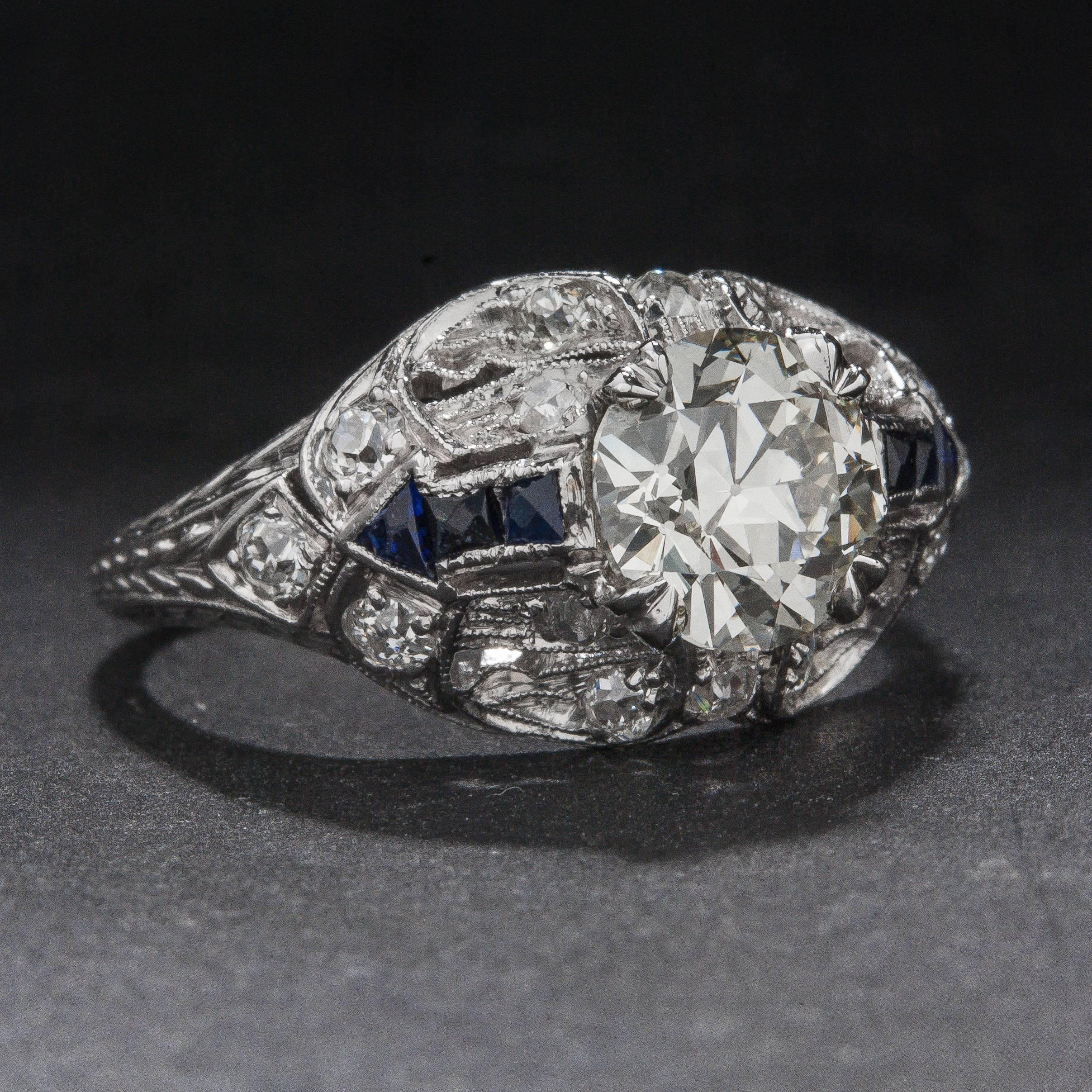 Art Deco 1.38ct Diamond and Sapphire Ring In Excellent Condition For Sale In Carmel, CA