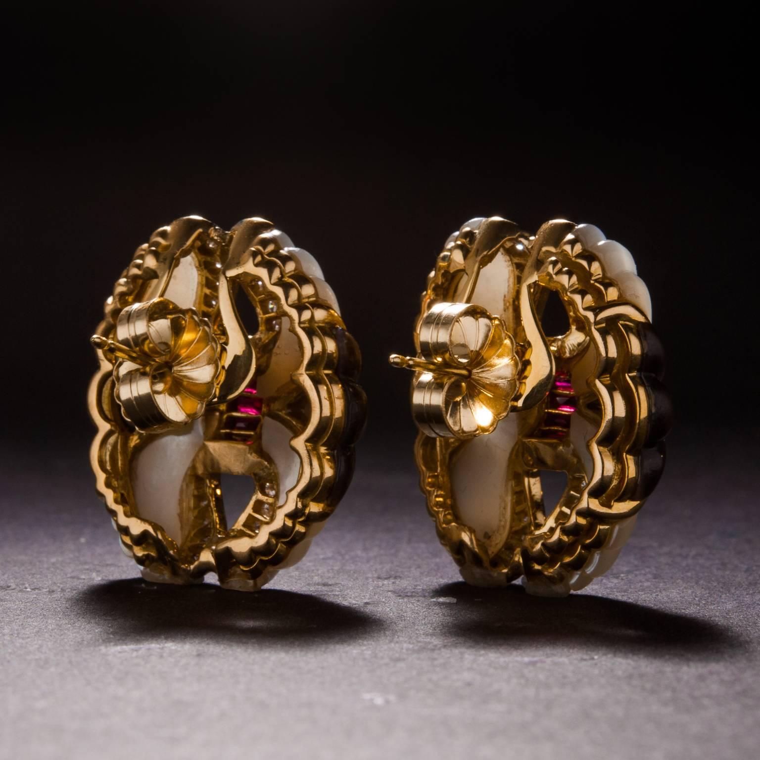 Women's 1950s Carved Mother-of-Pearl, Ruby and Diamond Earrings For Sale