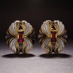 1950s Carved Mother-of-Pearl, Ruby and Diamond Earrings