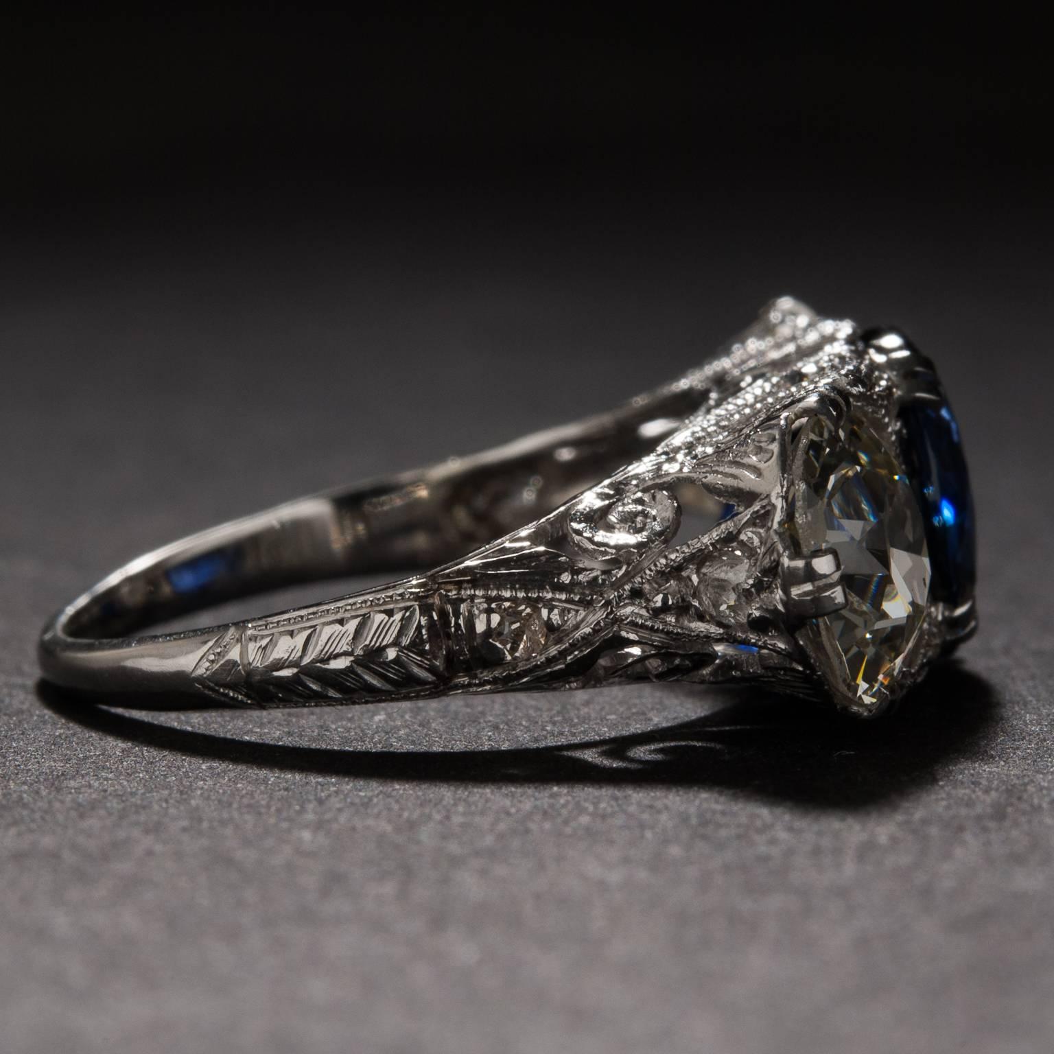 Women's 1920s Art Deco 4.08ct Sapphire and Diamond Ring For Sale