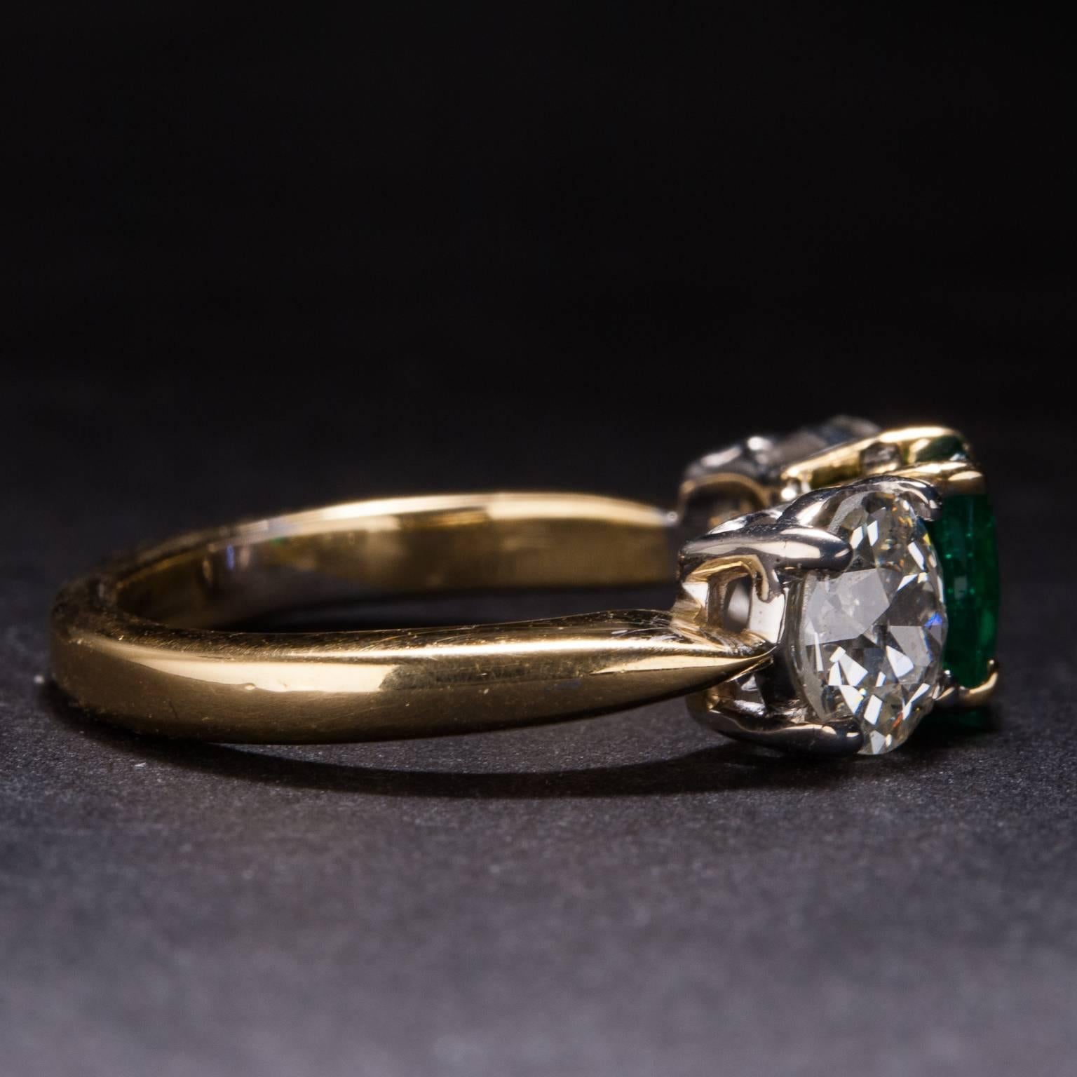 1.09 Carat Emerald Diamond Gold Three Stone Ring In Excellent Condition For Sale In Carmel, CA