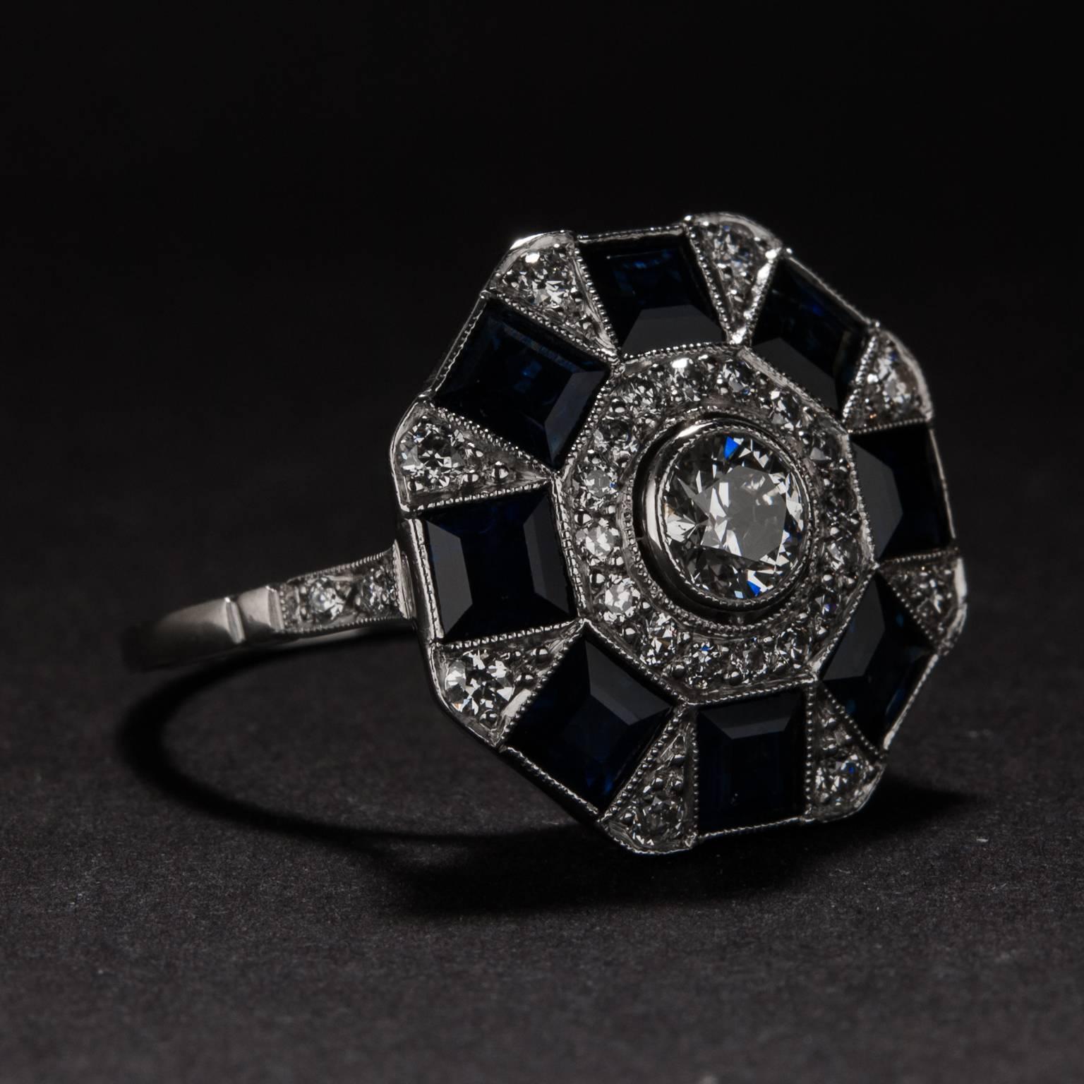 Art Deco Sapphire Diamond Platinum Ring For Sale