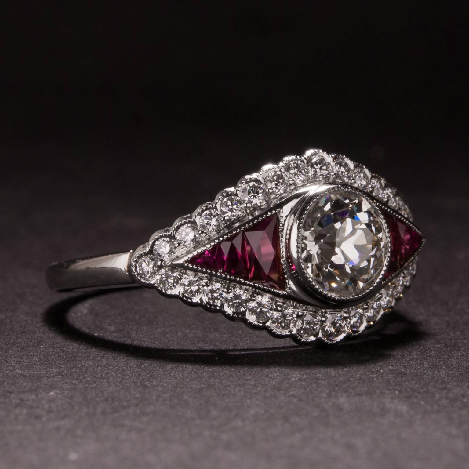 Art Deco .76ct Diamond and Ruby Ring in Platinum For Sale