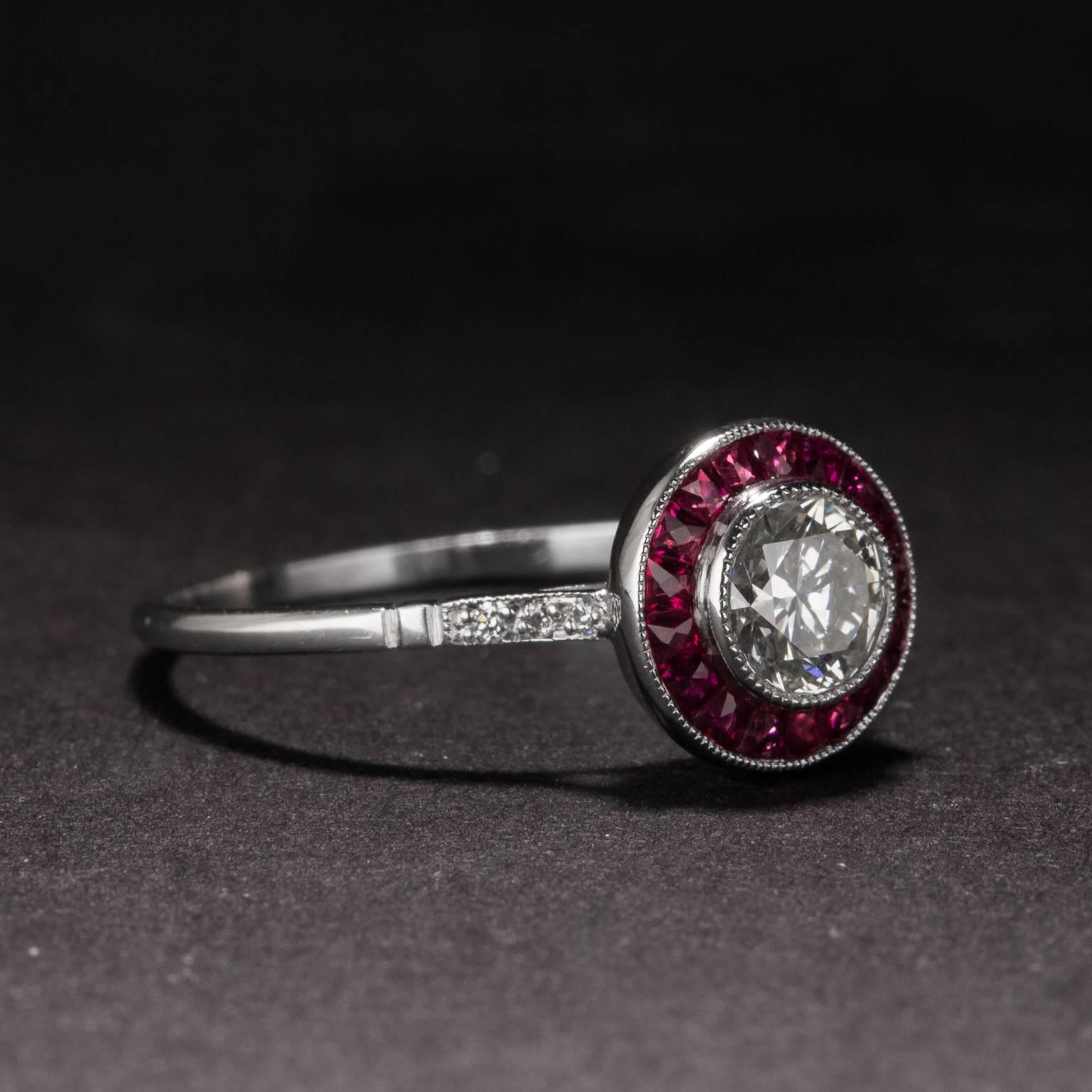 Art Deco .46 Carat Old European Cut Diamond Ring with Ruby Accents For Sale