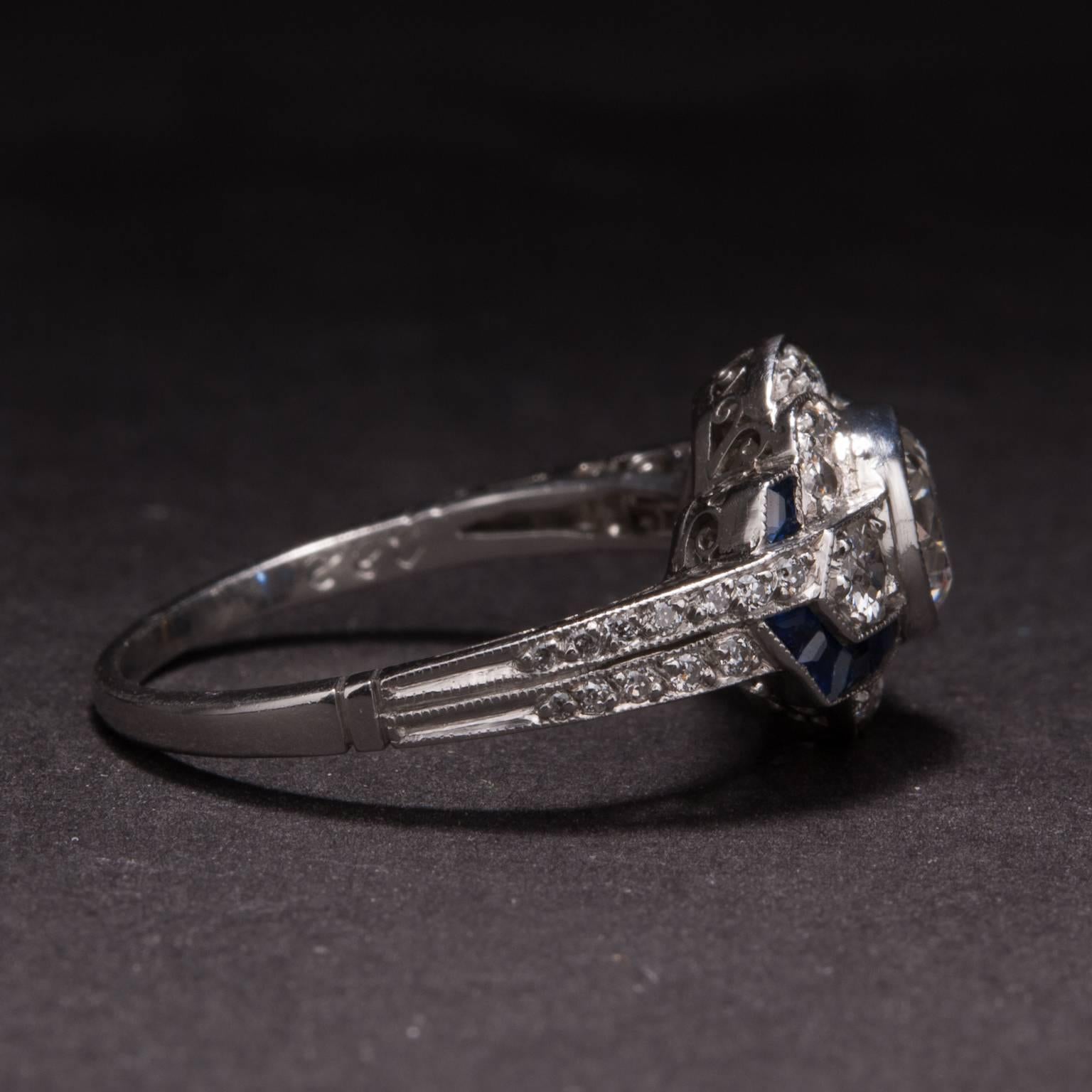 Art Deco .82 Carat Diamond and Sapphire Ring