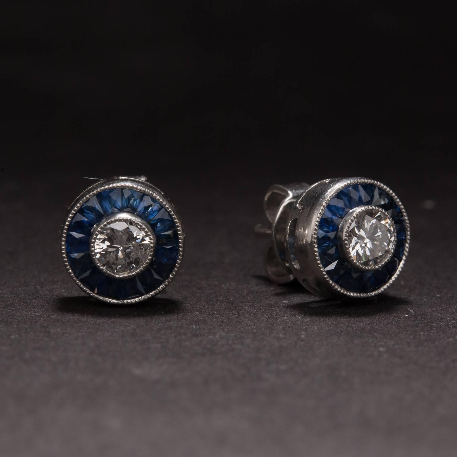 Diamond Sapphire and Platinum Studs In Excellent Condition In Carmel, CA