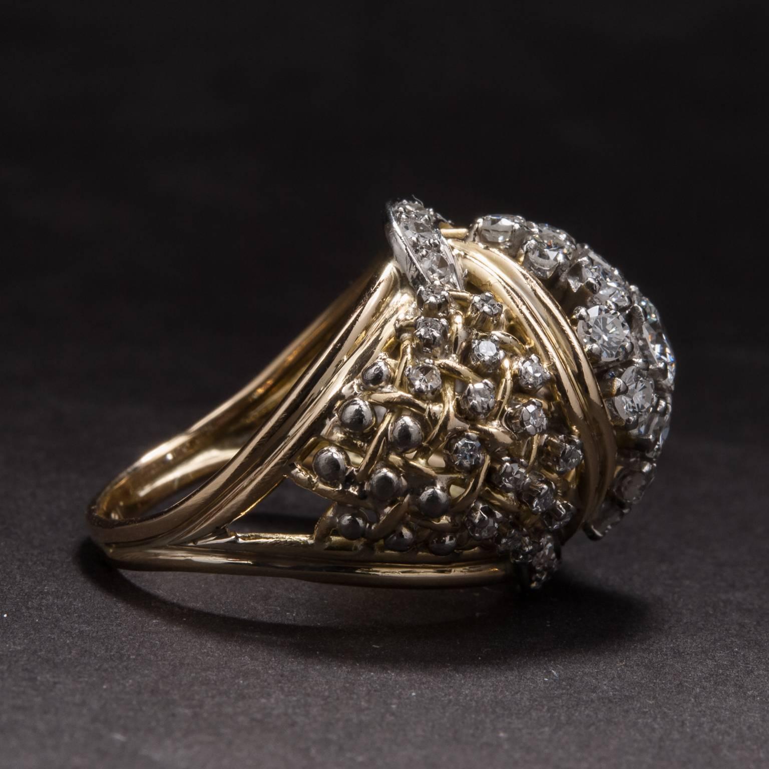 Retro 1940s Cluster Diamond and Gold Ring For Sale