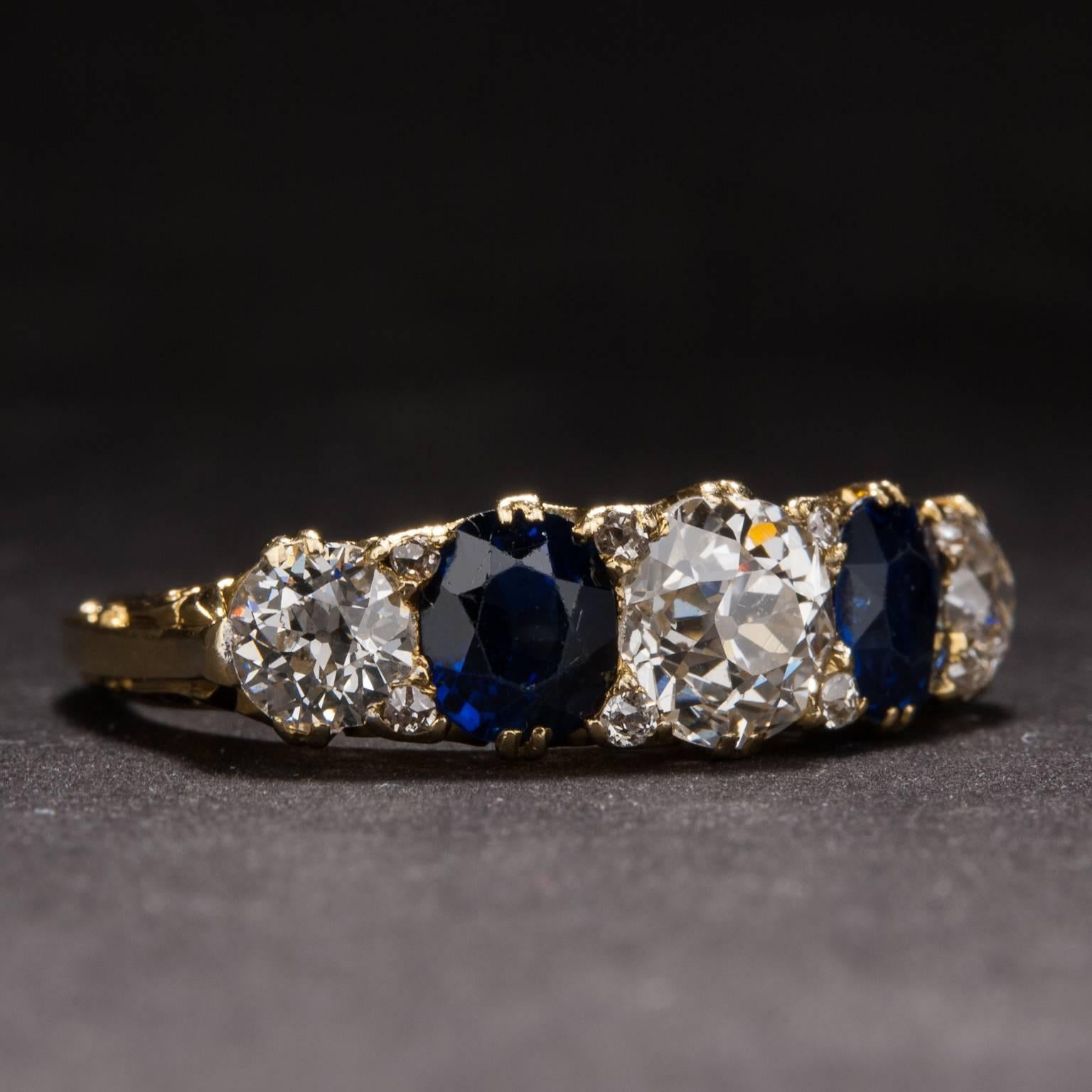 Edwardian 1900s Sapphire Diamond Yellow Gold Five-Stone Ring 