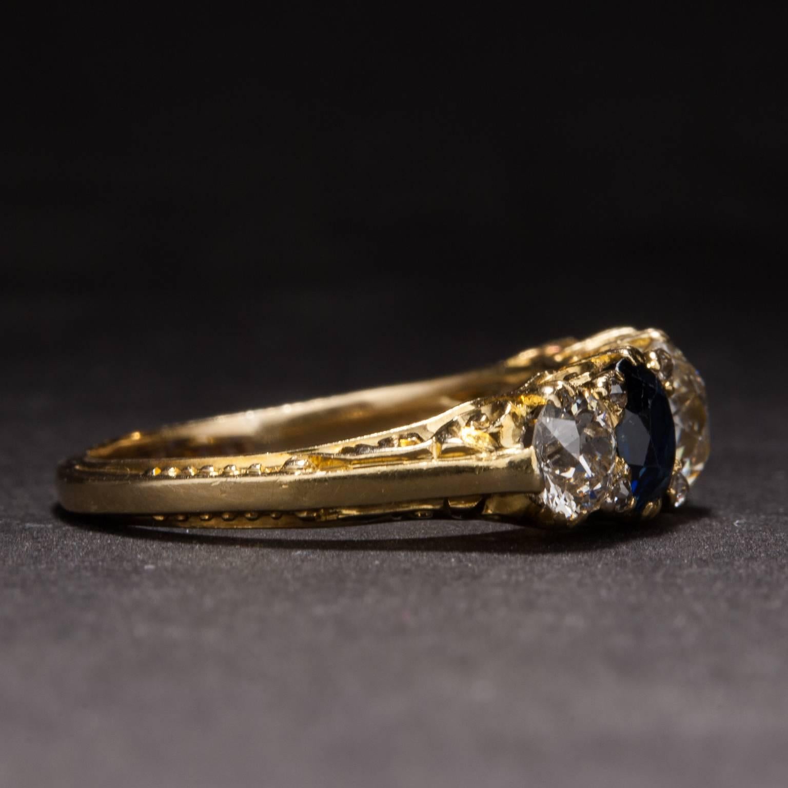 1900s Sapphire Diamond Yellow Gold Five-Stone Ring  In Good Condition In Carmel, CA