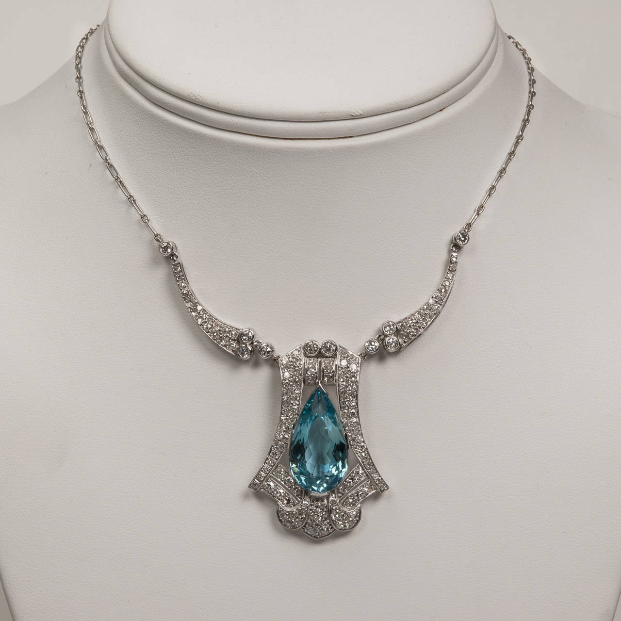 1930s Aquamarine Diamond Platinum Drop Necklace