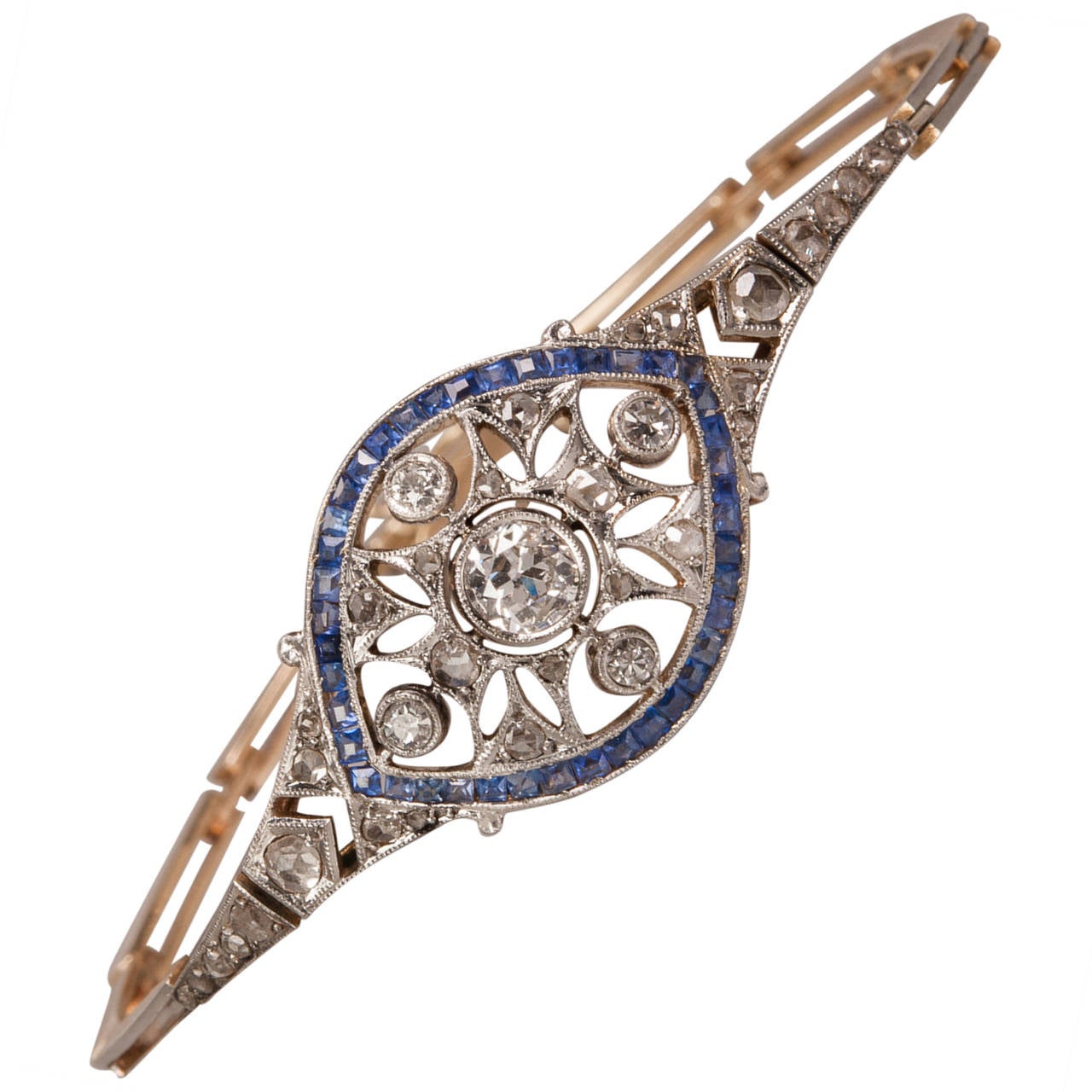 Edwardian Sapphire Diamond Gold Platinum Link Bracelet For Sale