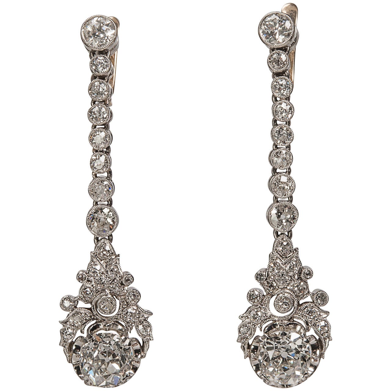 Edwardian 5.08 Carat Diamond Platinum Dangle Earrings For Sale