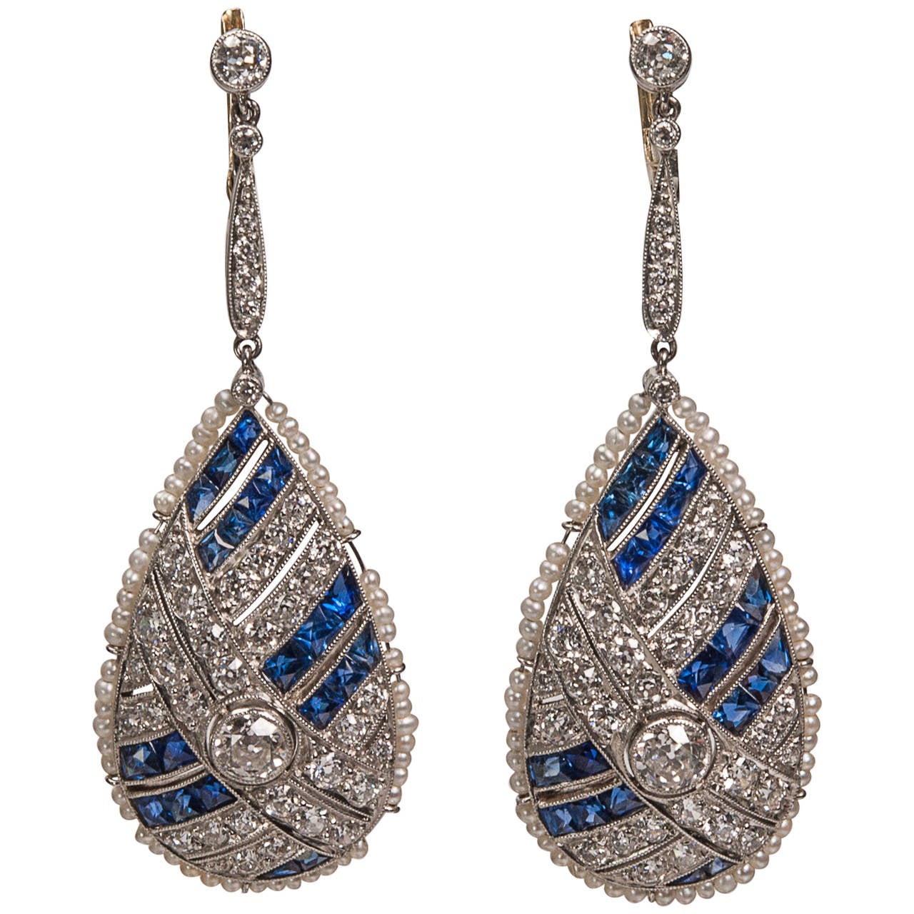 Diamond, Sapphire and Seed Pearl Earrings For Sale