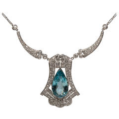 1930s Aquamarine Diamond Platinum Drop Necklace