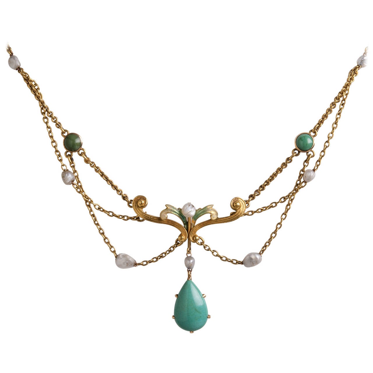 Art Nouveau Turquoise, Enamel and Pearl Necklace