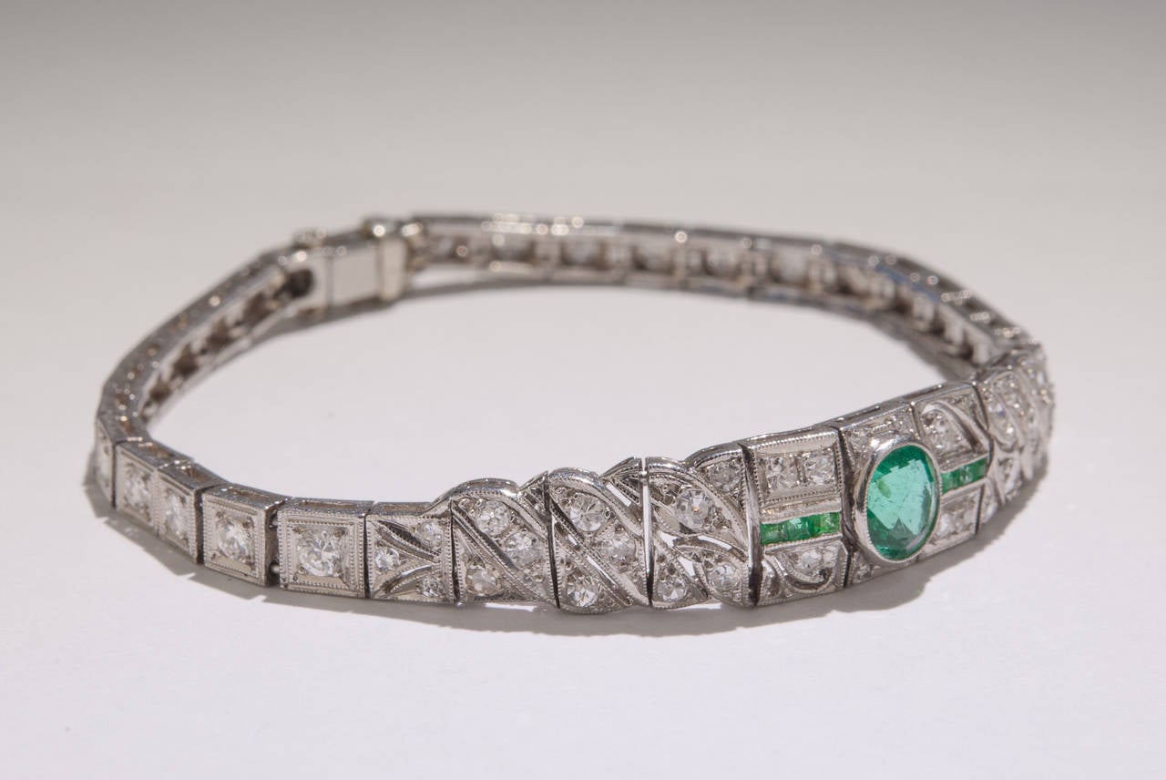 Art Deco Emerald and Diamond Bracelet In Good Condition For Sale In Carmel, CA