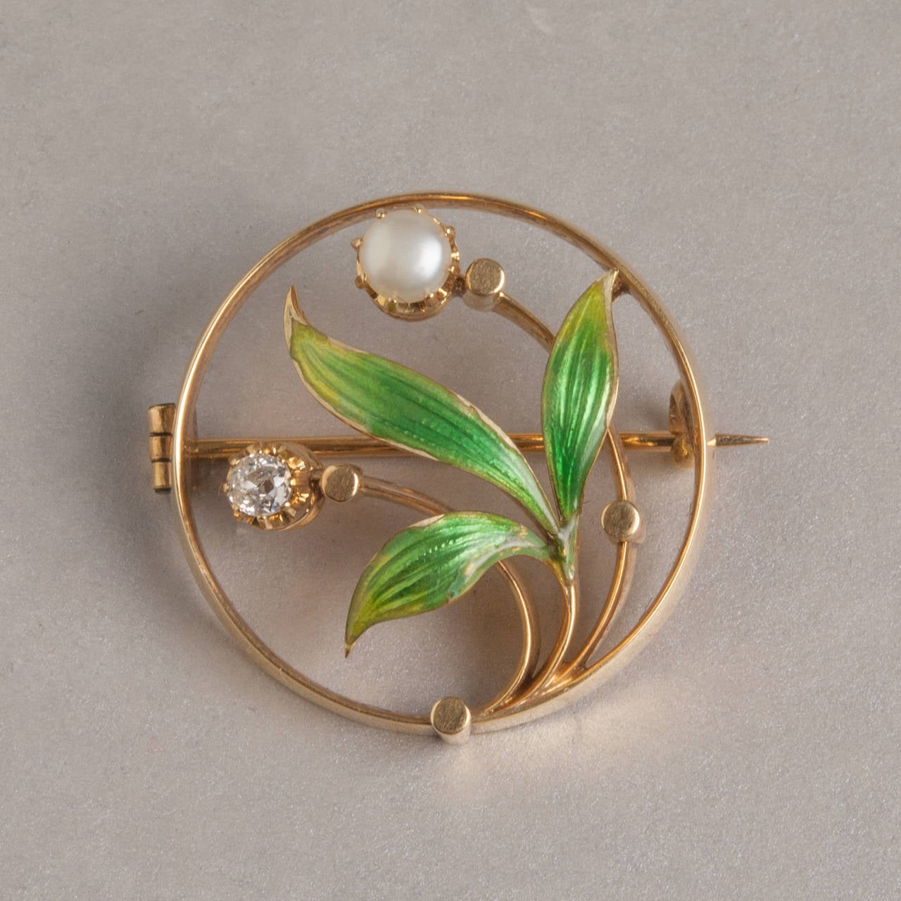 Art Nouveau Enamel Pearl Diamond Pin In Good Condition For Sale In Carmel, CA