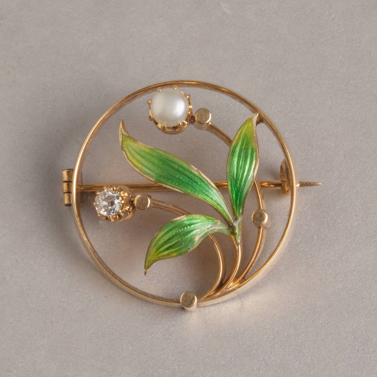 Art Nouveau Enamel Pearl Diamond Pin For Sale at 1stDibs