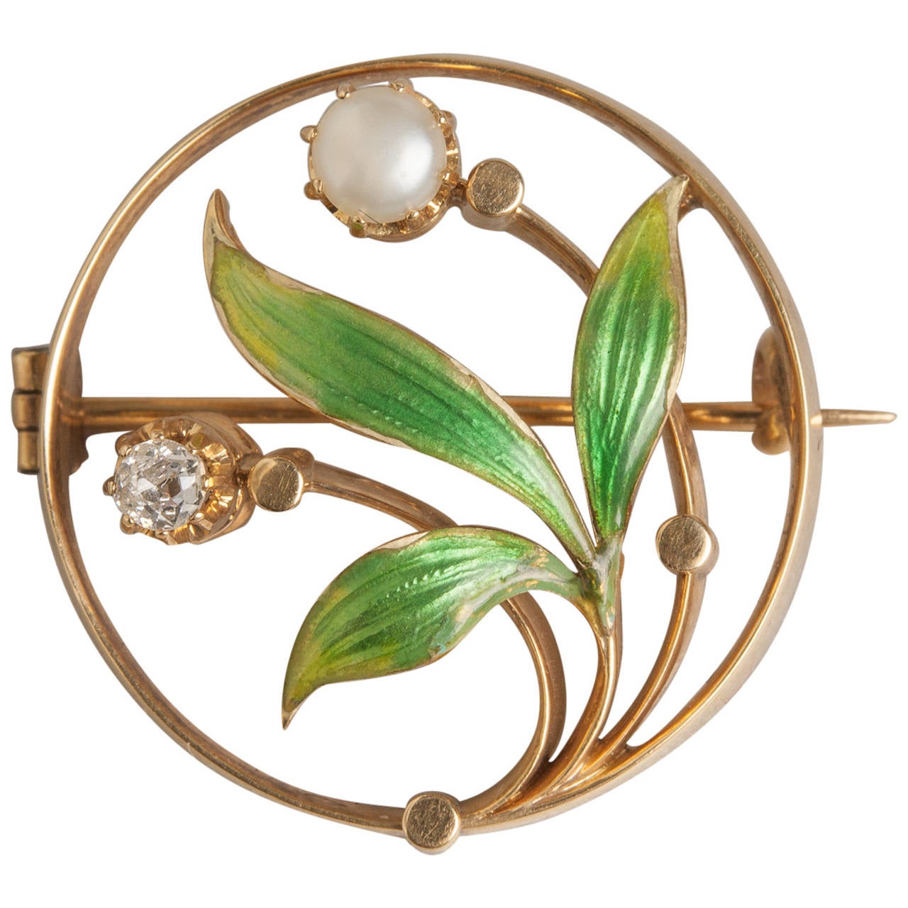 Art Nouveau Enamel Pearl Diamond Pin For Sale