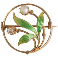 Art Nouveau Enamel Pearl Diamond Pin