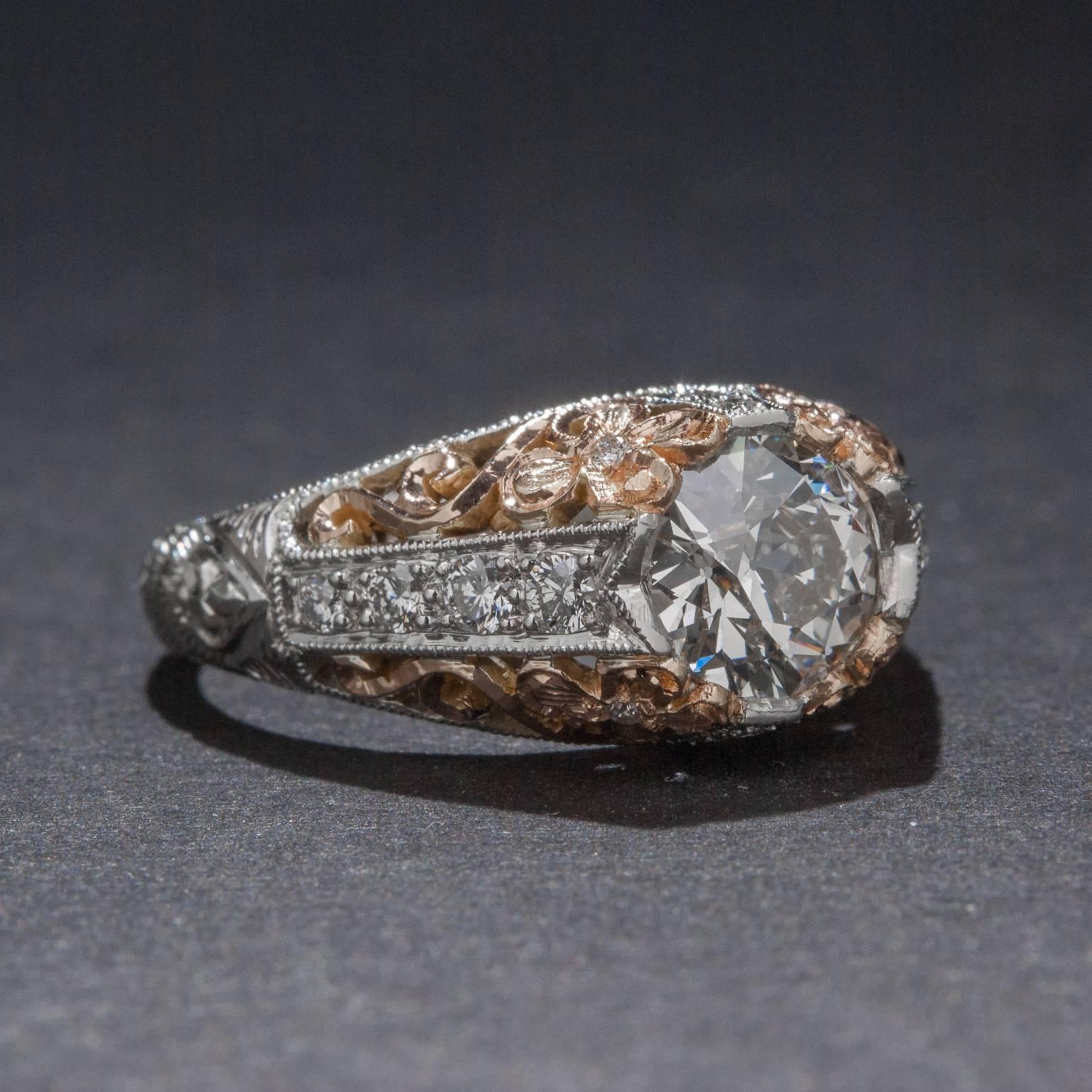 Art Nouveau 1.01 Carat Diamond Gold Platinum Engagement Ring For Sale