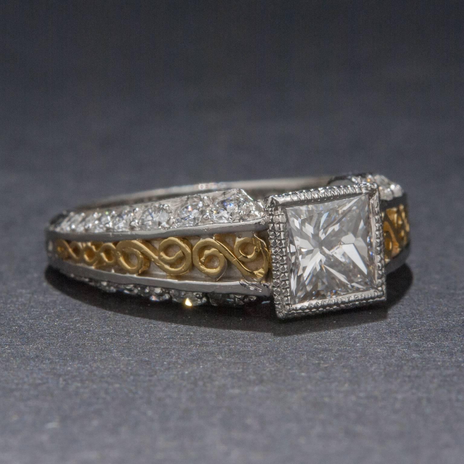 Art Deco .91 Carat Diamond gold platinum engagement Ring For Sale