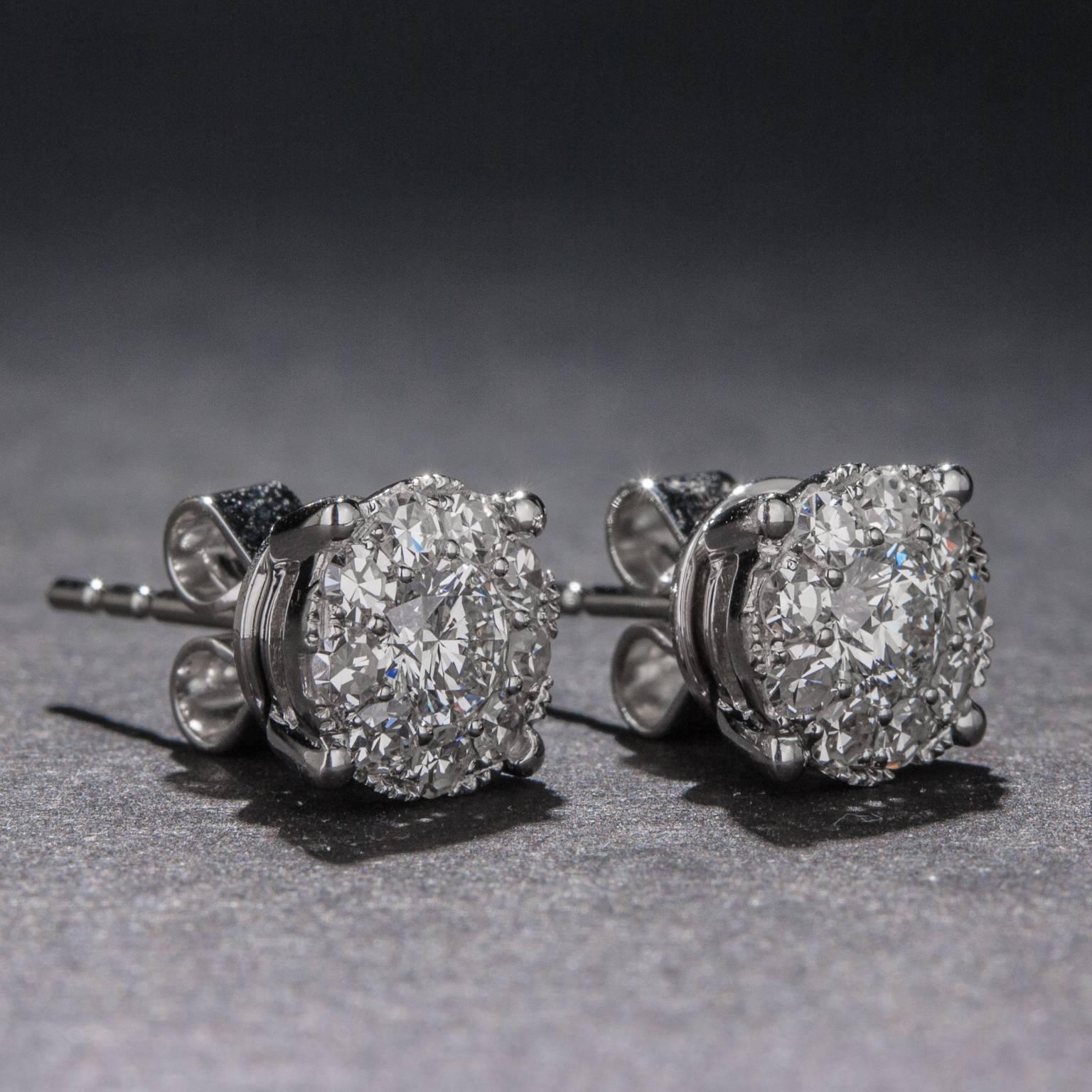 Contemporary Diamond 18k White Gold Cluster Stud Earrings For Sale