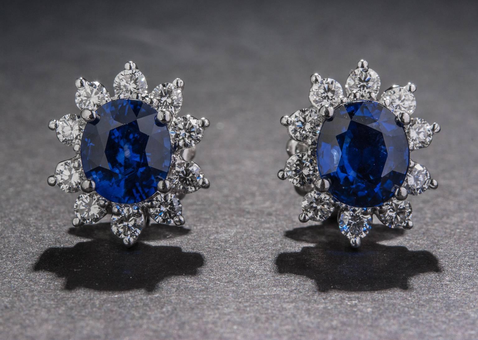 An absolutely beautiful pair of sapphire and diamond earrings. The two oval cut medium blue sapphires weigh a combined total of 4.10 carats and they are flanked by 1.10 total carats of bright accent diamonds which surround each sapphire like the