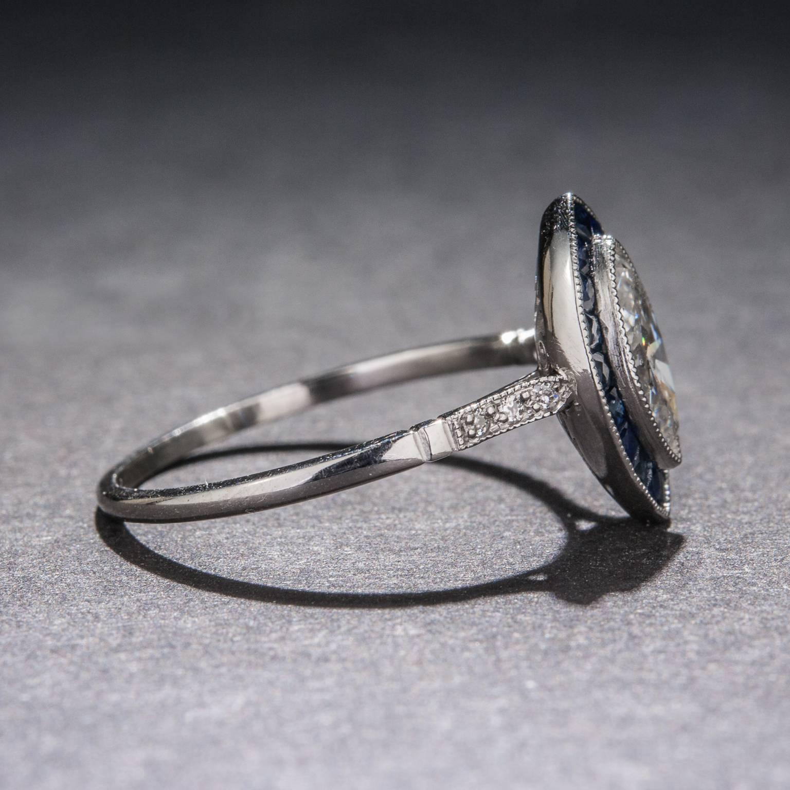 Art Deco .85 Carat Marquise Diamond Sapphire Platinum Ring For Sale