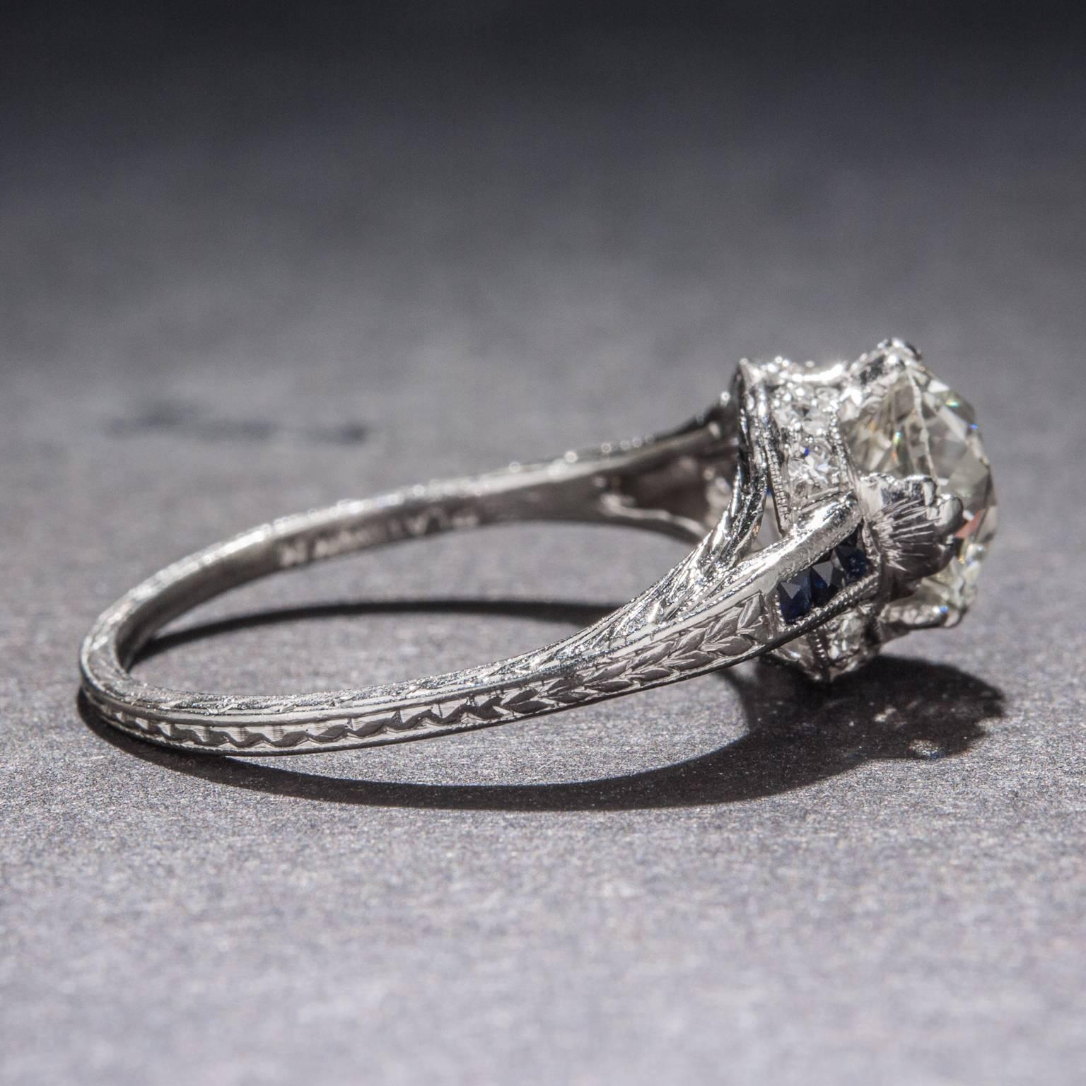 Art Deco 1.44 Carat Diamond Sapphire Platinum Ring For Sale