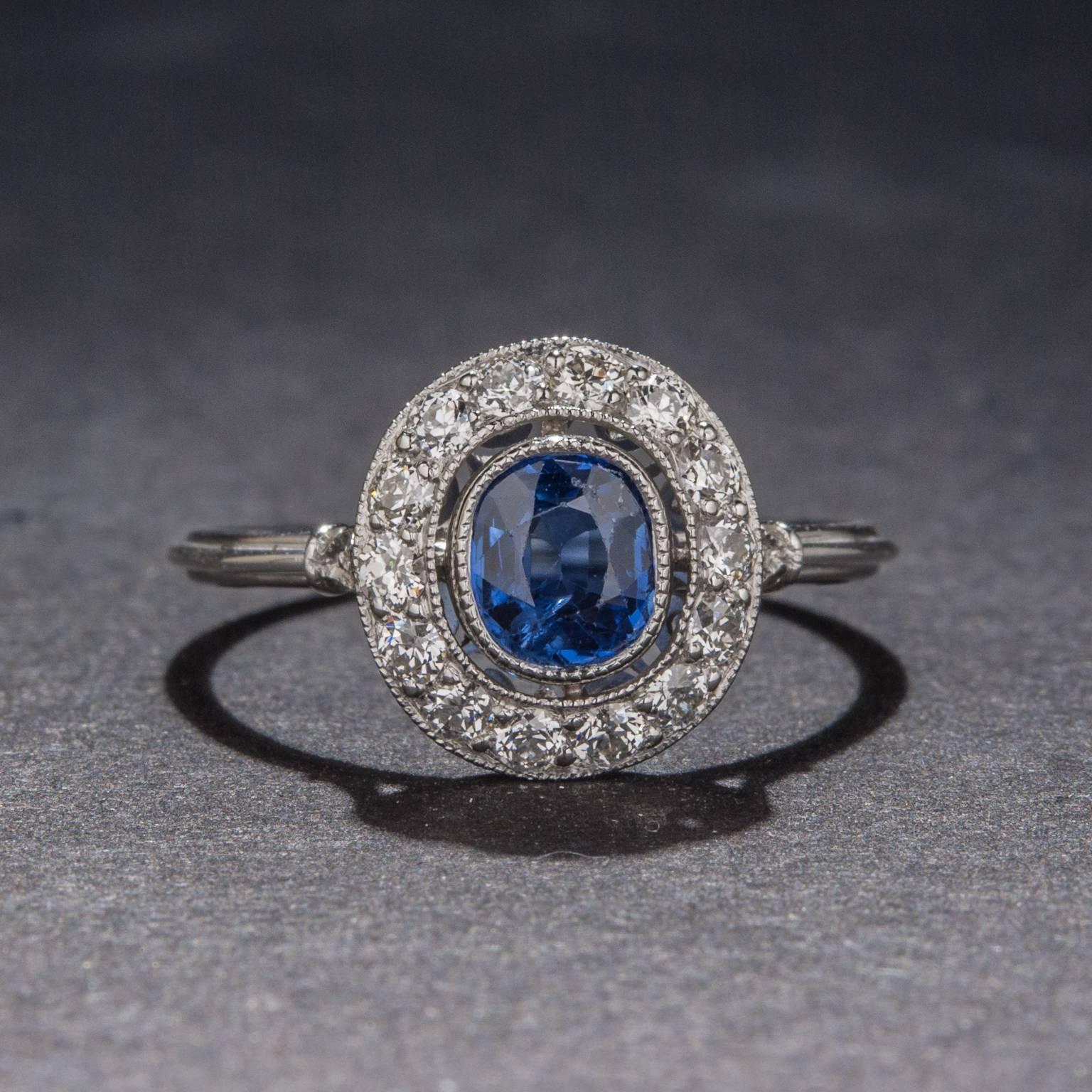 Women's .50 Carat Sapphire Diamond Platinum Ring For Sale