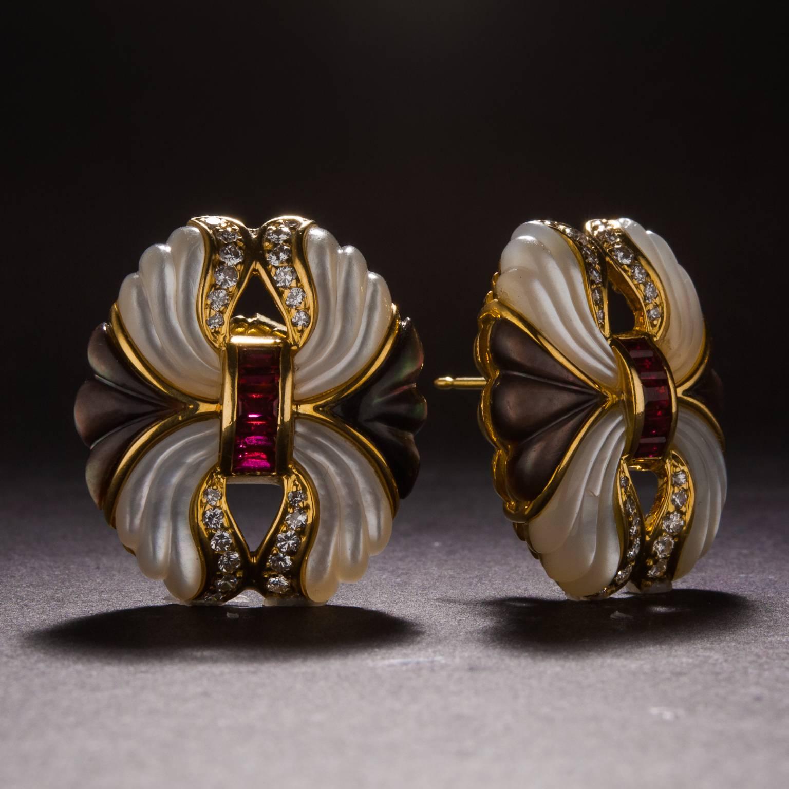 Retro 1950s Carved Mother-of-Pearl, Ruby and Diamond Earrings For Sale
