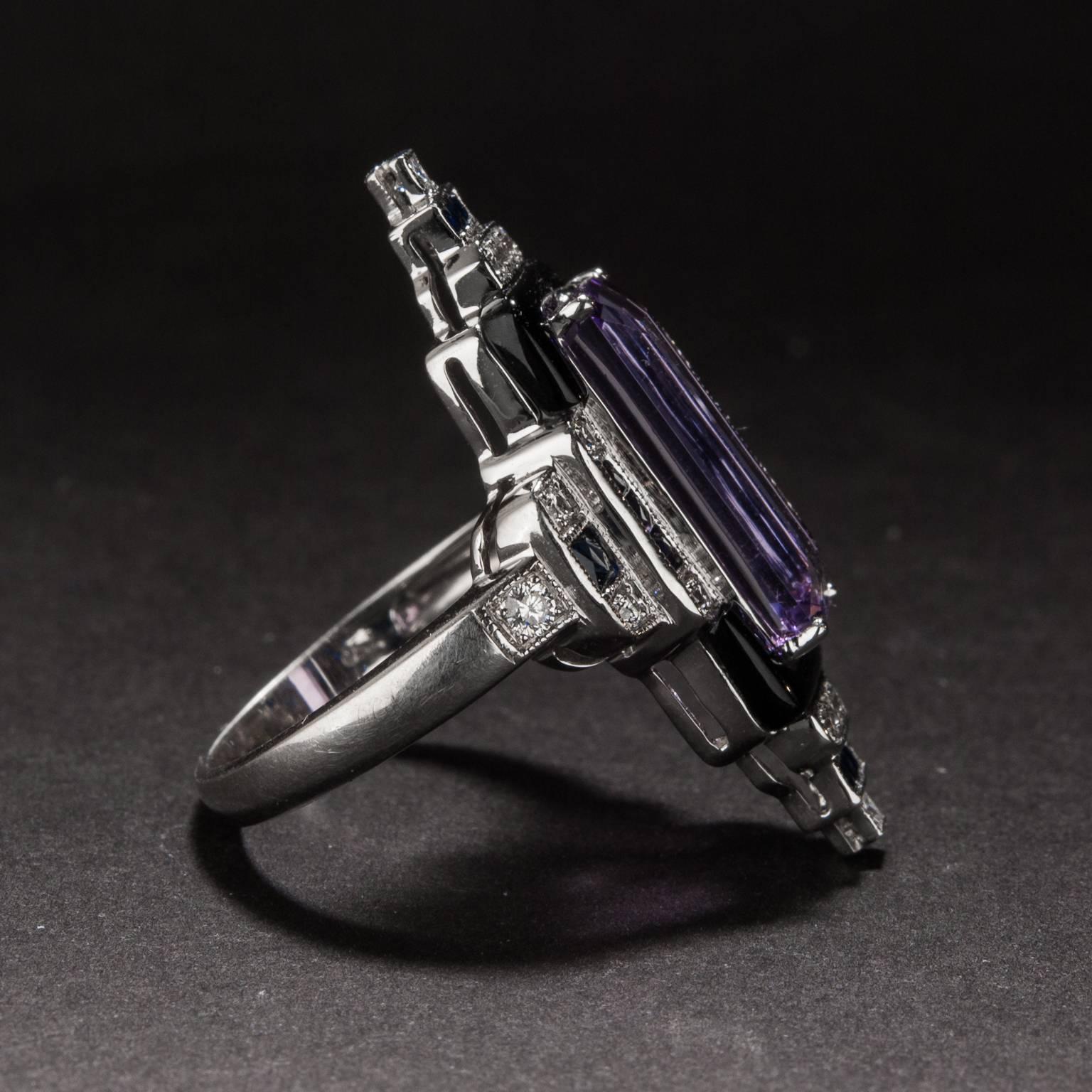 Art Deco 3.11 Carat Amethyst Onyx Sapphire Diamond Platinum Ring