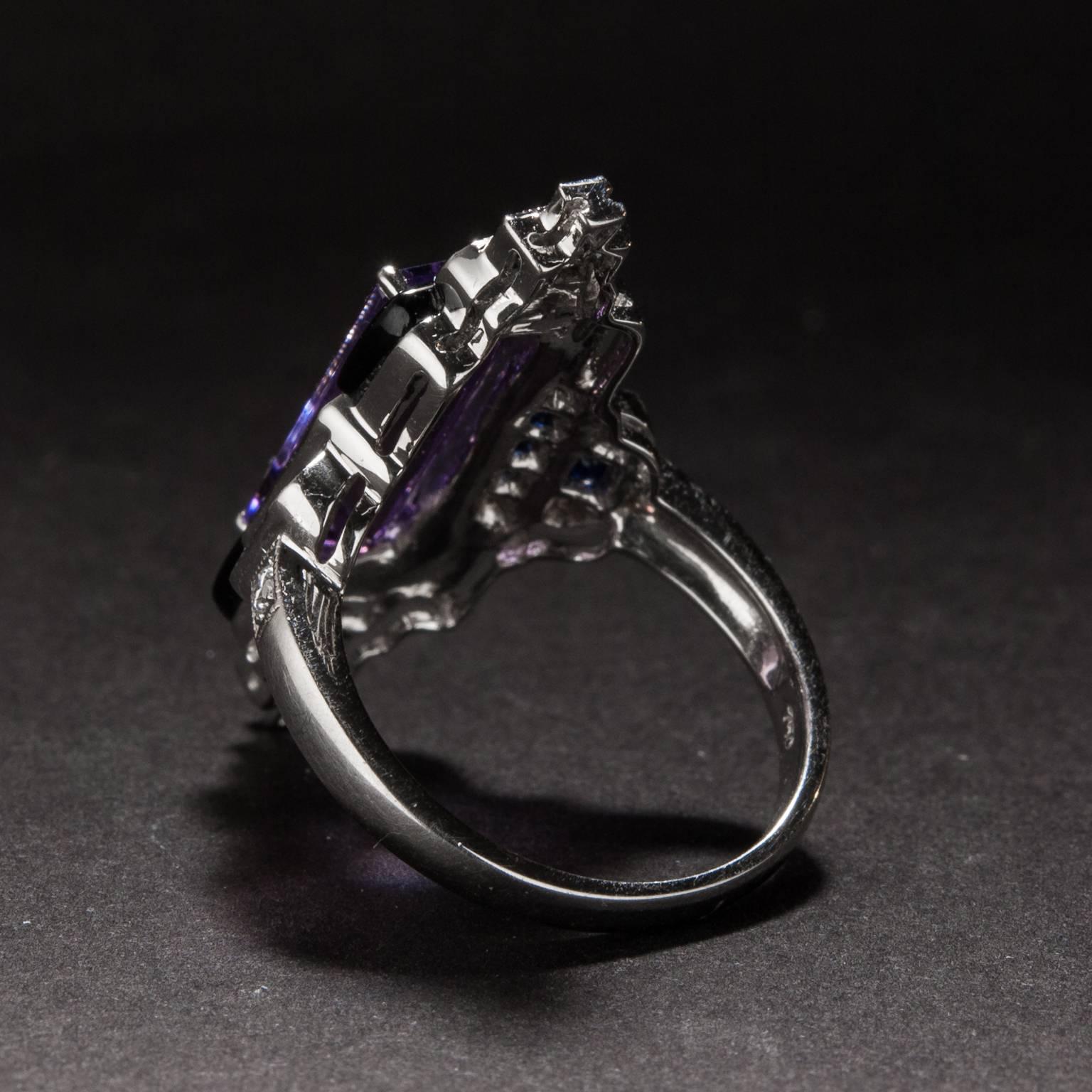 3.11 Carat Amethyst Onyx Sapphire Diamond Platinum Ring In Excellent Condition In Carmel, CA