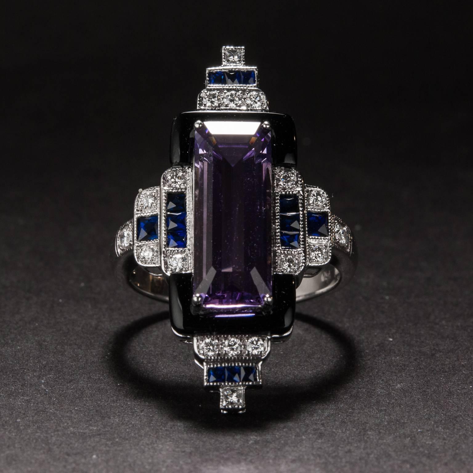 Women's 3.11 Carat Amethyst Onyx Sapphire Diamond Platinum Ring