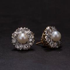 Pearl and Old European Cut Diamond Earrings in Platinum over Gold