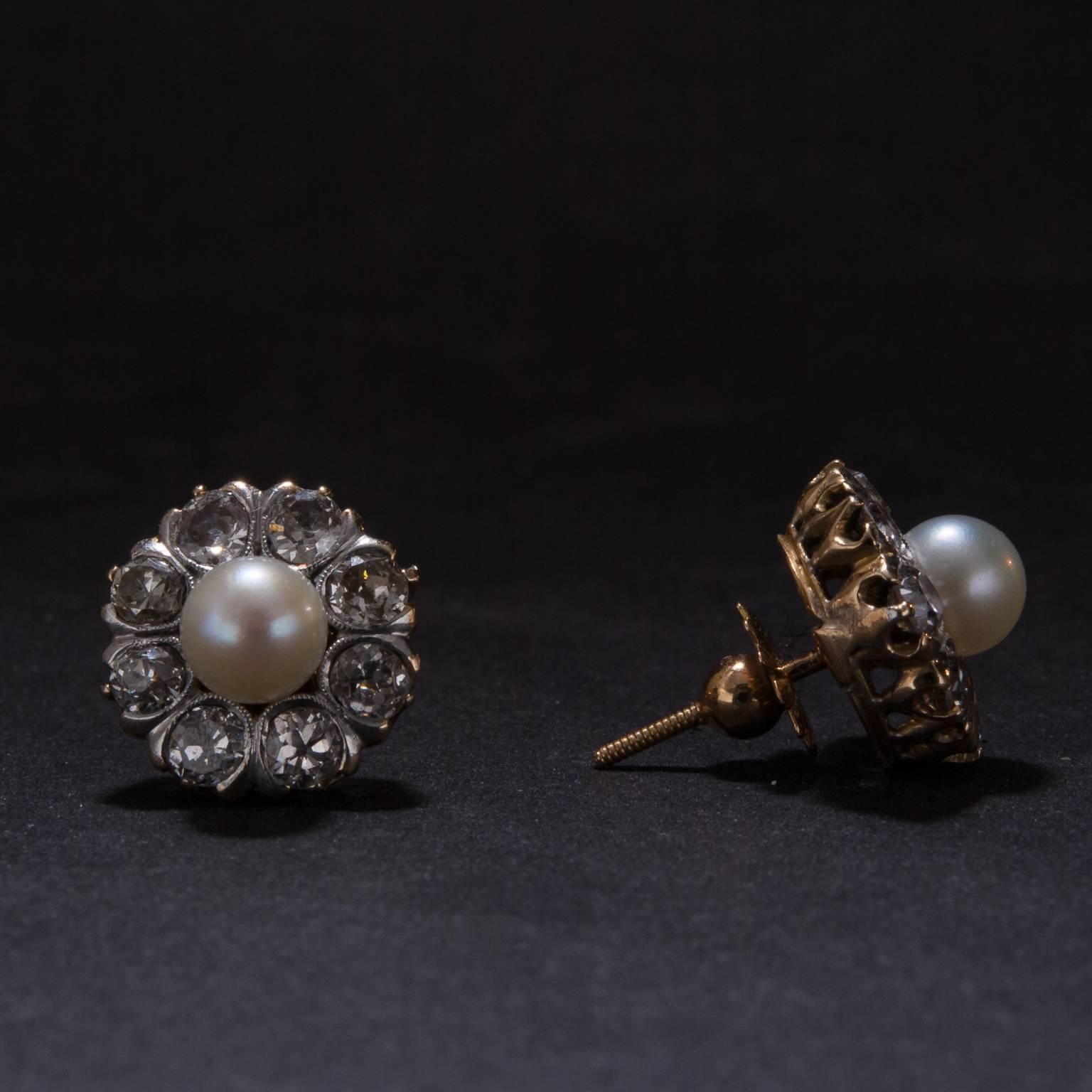 Pearl and Old European Cut Diamond Earrings in Platinum over Gold In Good Condition For Sale In Carmel, CA