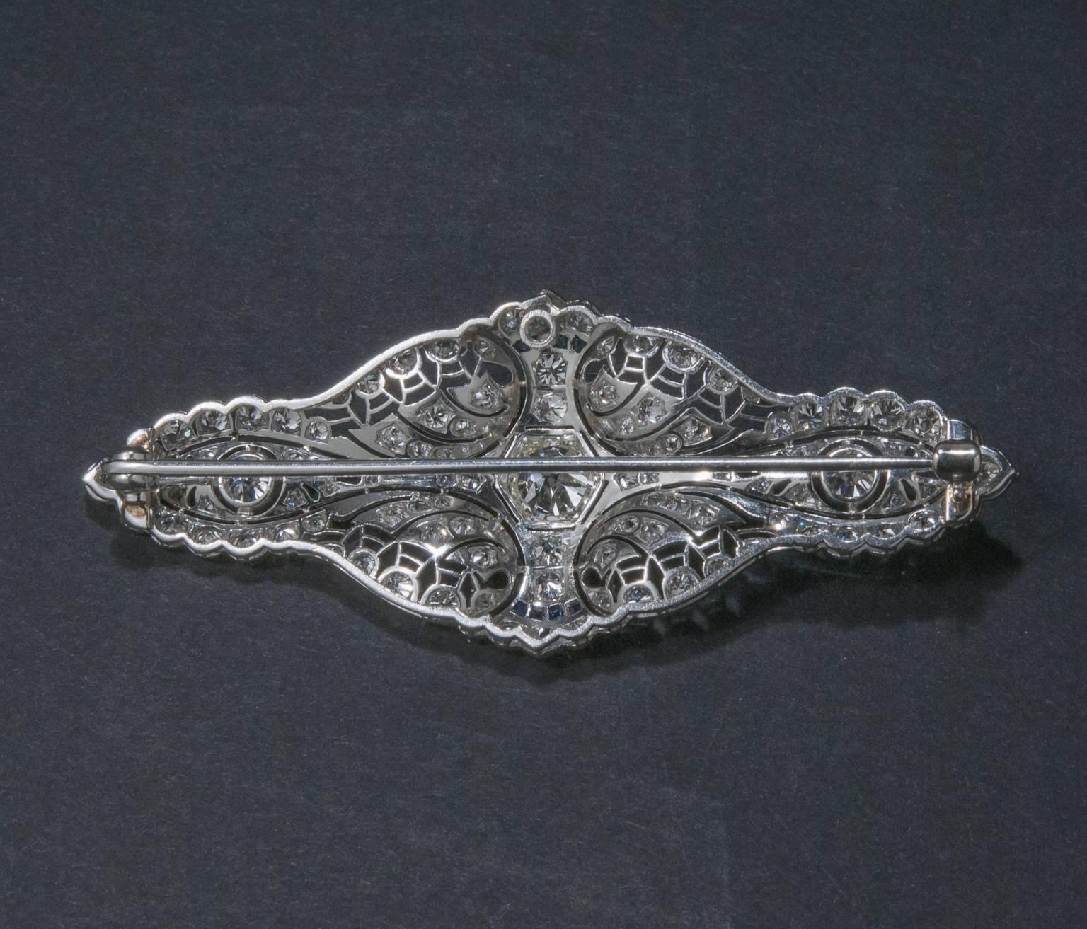 Art Deco 1920s Diamond, Sapphire and Platinum Brooch For Sale