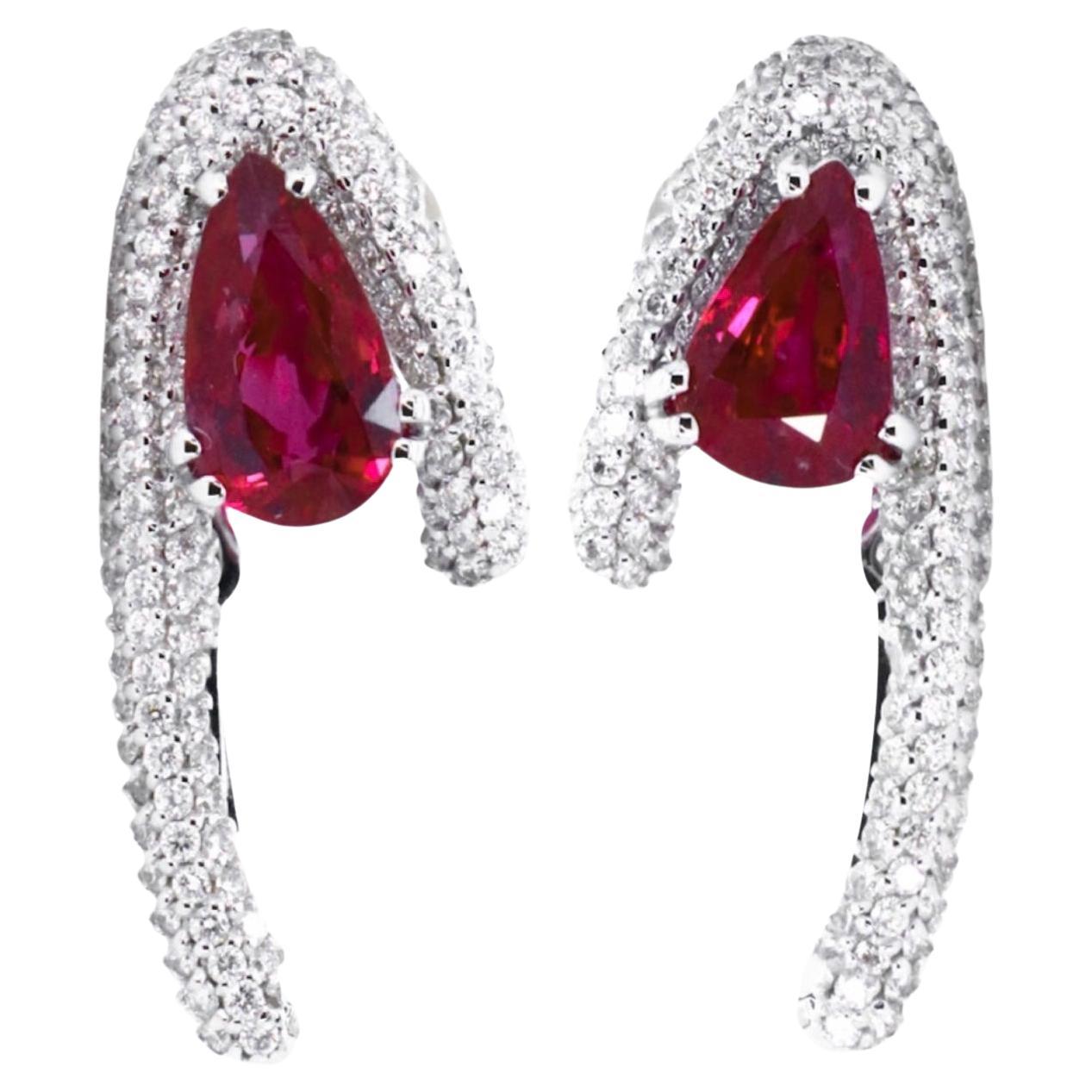 4 cts No Heat Ruby Diamond 18Kt Gold Innovative Clasp Empowering Bold Earrings For Sale