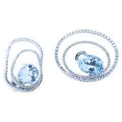 Used 18K White Gold 10ct Aquamarine 2ct Diamond Climber Statement Empowering Earrings