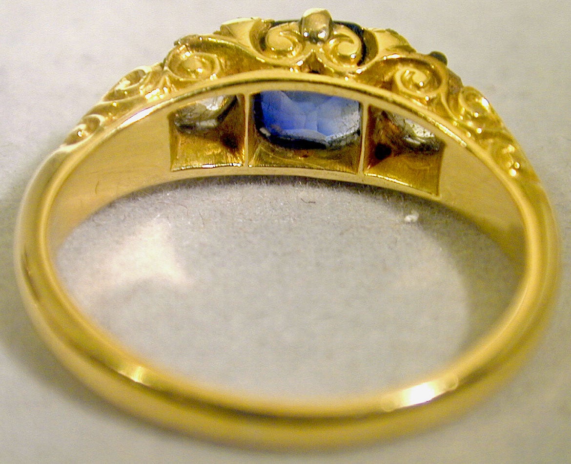 Victorian Antique Sapphire and Diamond 3 Stone Ring For Sale