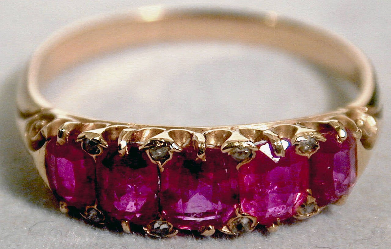 Women's Antique Five-Stone Ruby Ring with Diamonds