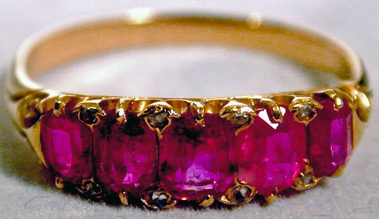 Antique Five-Stone Ruby Ring with Diamonds In Excellent Condition In Baltimore, MD