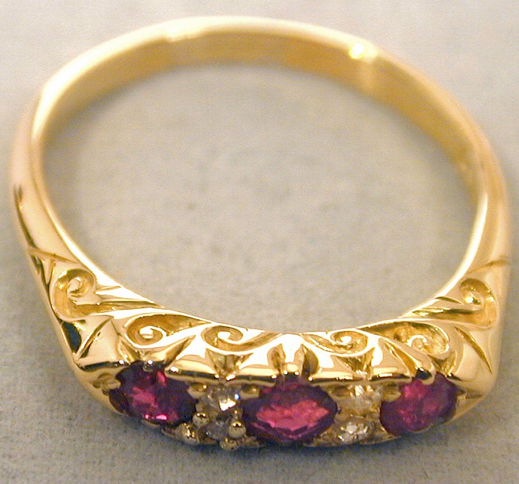 Rose Cut Antique Three Stone Ruby Gold Ring